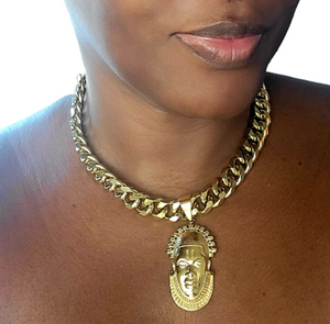 Open image in slideshow, Queen Idia Medallion Cuban Link Chain Necklace
