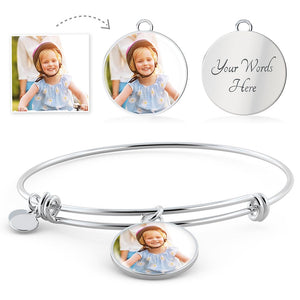 Open image in slideshow, Circle Pendant Custom Photo Charm Adjustable Bangle Bracelet - Silver or Gold
