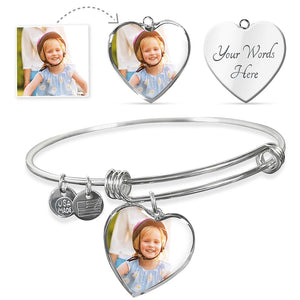 Open image in slideshow, Heart Pendant Custom Photo Adjustable Bangle Bracelet - Gold or Silver
